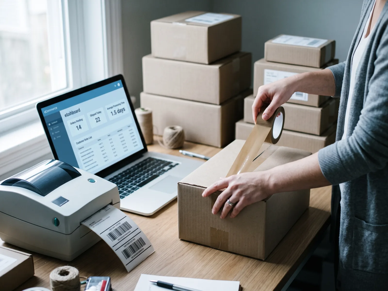 Ecommerce fulfillment table with parcels and an order dashboard