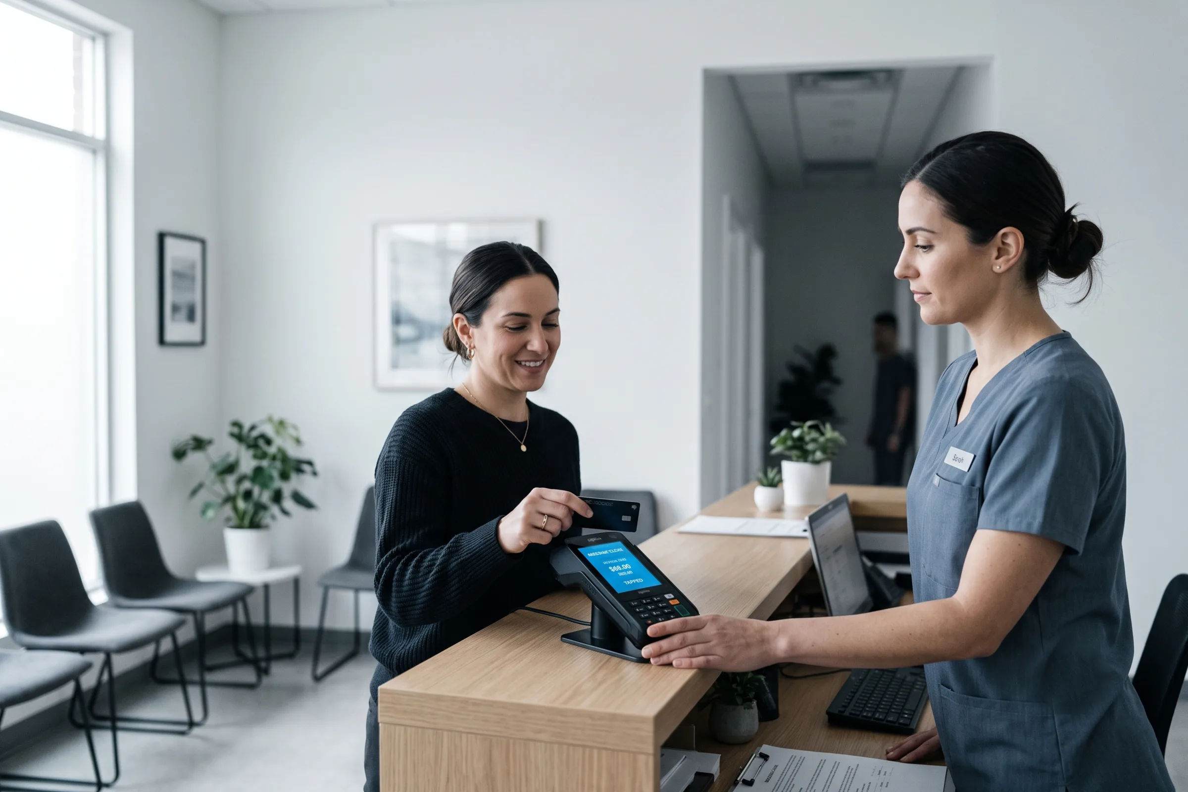 Patient paying with a card at a modern medical front desk