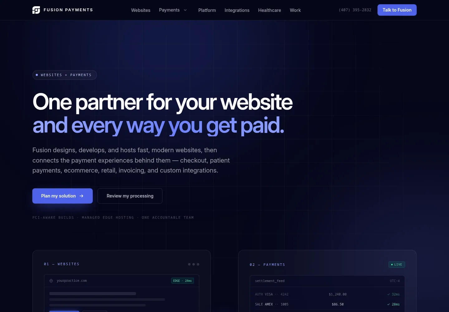The Fusion Payments homepage, as served from the edge